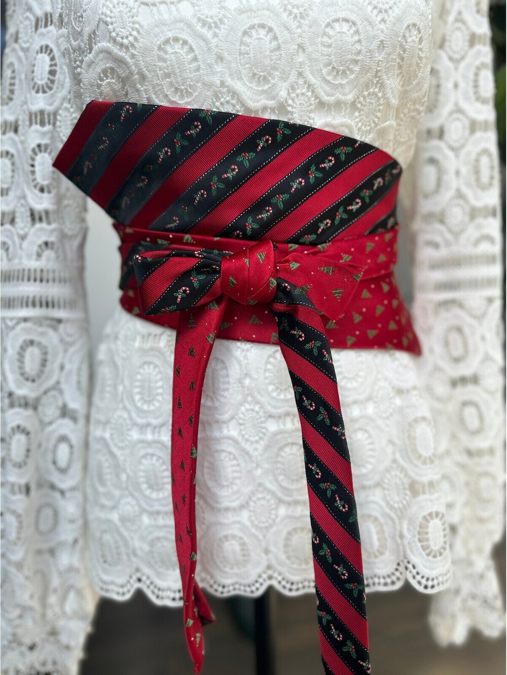 Holiday Themed Upcycled Silk Corset Style Obi Tie Waist Belt | OOAK | OS